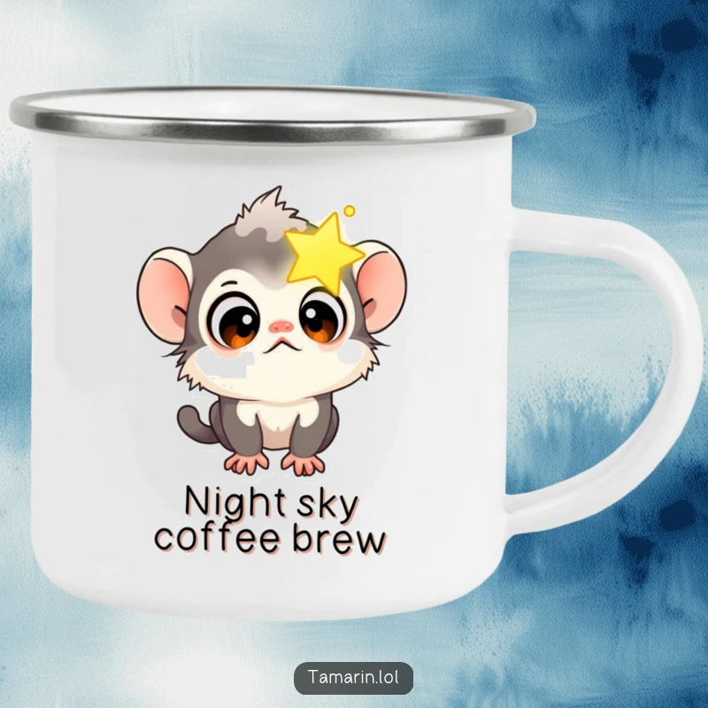 Funny Tamarin Star Gazer Camping Mug featuring a curious tamarin monkey looking at a glowing star, for outdoor use.