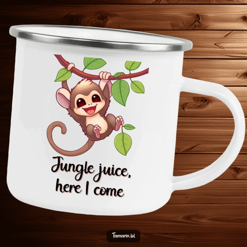 Funny tamarin monkey swinging with a wide grin from a vine, printed on a rugged camping mug.