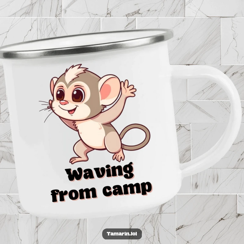 Funny Waving Tamarin Camping Mug: A sturdy enamel mug featuring a happy monkey waving hello with motion lines, perfect for outdoor greetings.