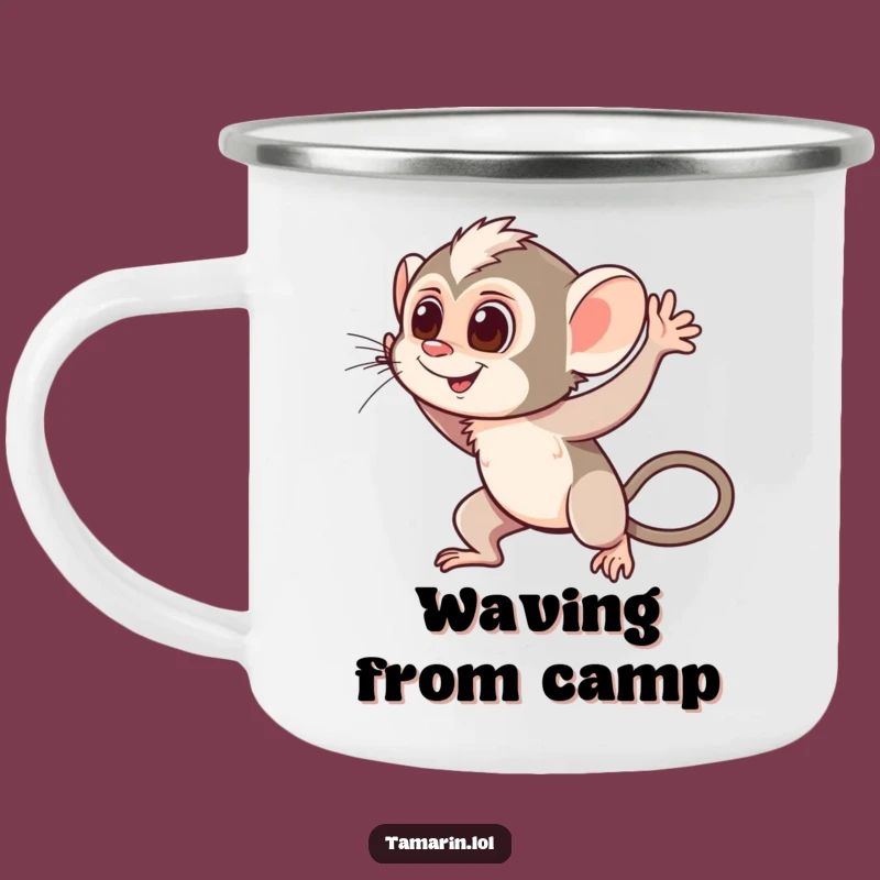 Funny Waving Tamarin Camping Mug: Cheerful Monkey Enamel Cup, Friendly Hello Outdoors, Funny Gift