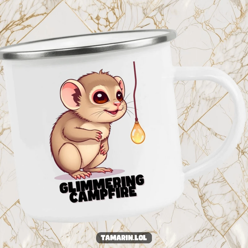 Funny camping mug showing a tamarin batting playfully at a dangling, sparkling object, perfect for outdoor animal humor.