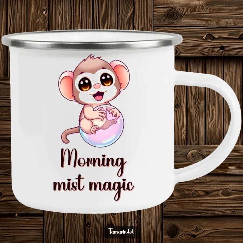 Funny tamarin camping mug, showcasing a tamarin with delighted eyes trying to ride a bubble, perfect for outdoor drinks and whimsical moments.