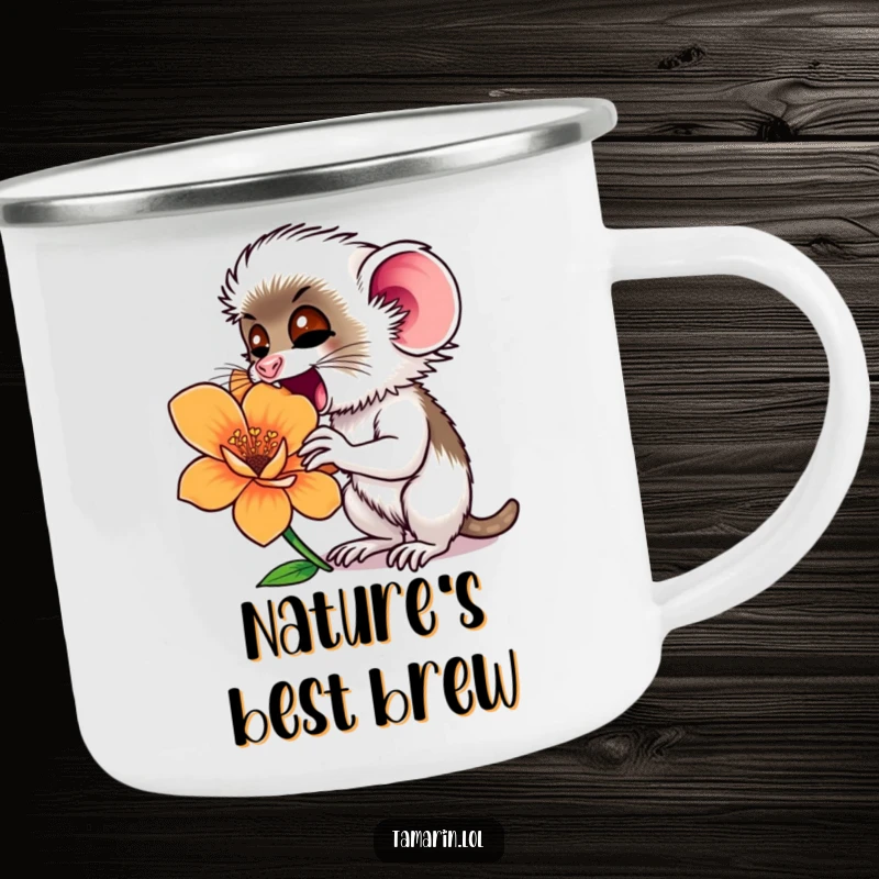 Funny tamarin monkey excitedly sniffing a large flower, printed on a durable camping mug for outdoor enjoyment.