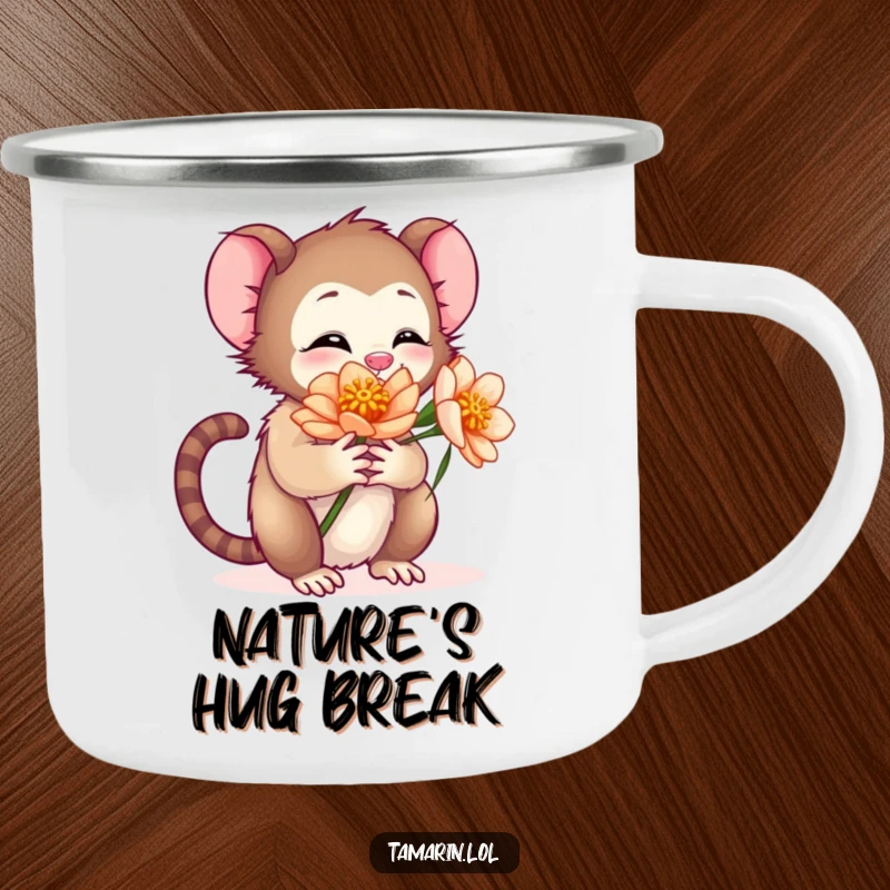 Funny camping mug with a tamarin character giving a warm hug to a flower, perfect for enjoying beverages during outdoor adventures.