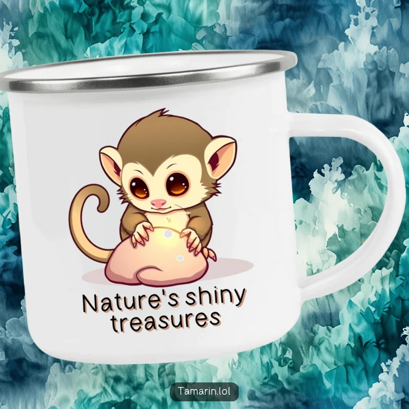 Funny camping mug featuring a curious tamarin character examining a shiny pebble, perfect for outdoor adventures and a good laugh.
