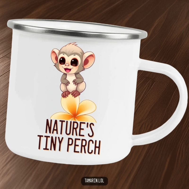 Funny tamarin monkey camping mug showing a happy primate balancing on a flower petal, perfect for gentle outdoor moments.