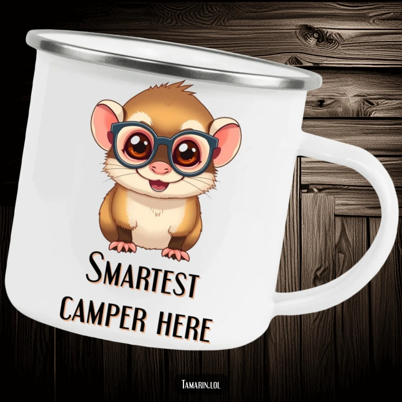 Funny Spectacled Tamarin Camping Mug: A durable enamel mug featuring a mischievous monkey with small glasses, ideal for outdoor brews and laughs.