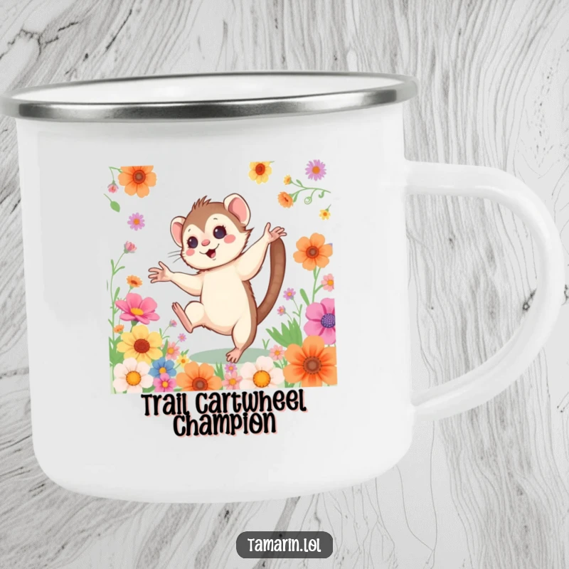 Funny Cartwheeling Tamarin Camping Mug: A sturdy enamel mug featuring a happy monkey doing a cartwheel among flowers, ideal for adventurous sips.