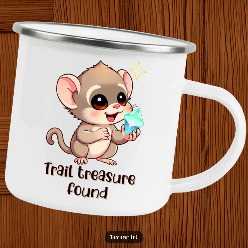 Funny tamarin camping mug featuring a monkey in awe of a sparkling gem, perfect for humorous outdoor sipping.