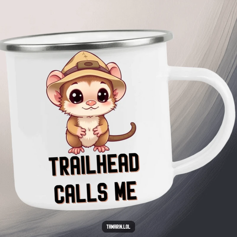 Funny tamarin camping mug featuring a curious monkey in an explorer hat, perfect for humorous sips during outdoor adventures.