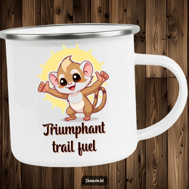 Funny tamarin camping mug showcasing a victorious monkey celebrating on a sunny mountaintop, perfect for outdoor enthusiasts who love humor.