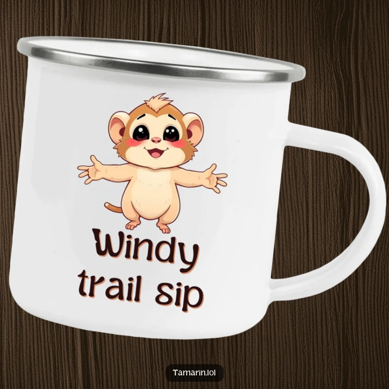 Funny Tamarin Camping Mug featuring character embracing the gentle, smiling breeze with arms wide open, perfect for camping.