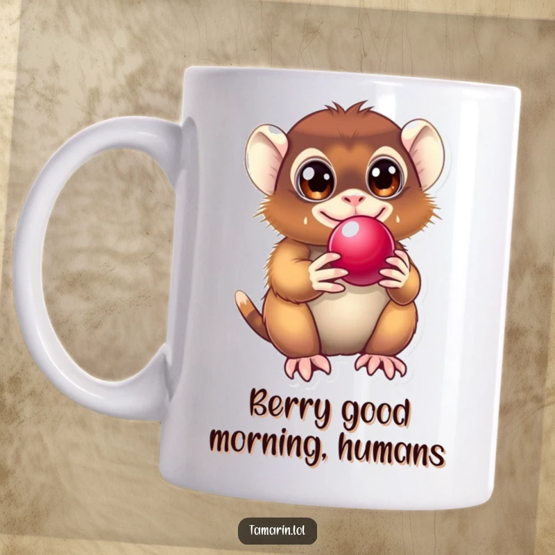 Funny Tamarin Mug showing a cute primate with delighted eyes, happily holding a shiny berry, perfect for a giggle.