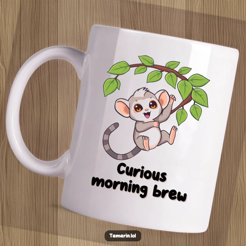 Funny mug, tamarin excitedly swinging from a question mark shaped vine, curious monkey humor, playful exploration gift, perfect for thinkers.