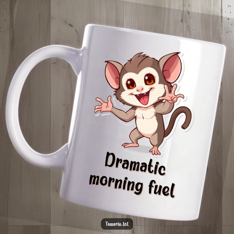 Funny mug featuring a tamarin striking an over-the-top, dramatic pose with exaggerated flair and a confident expression.