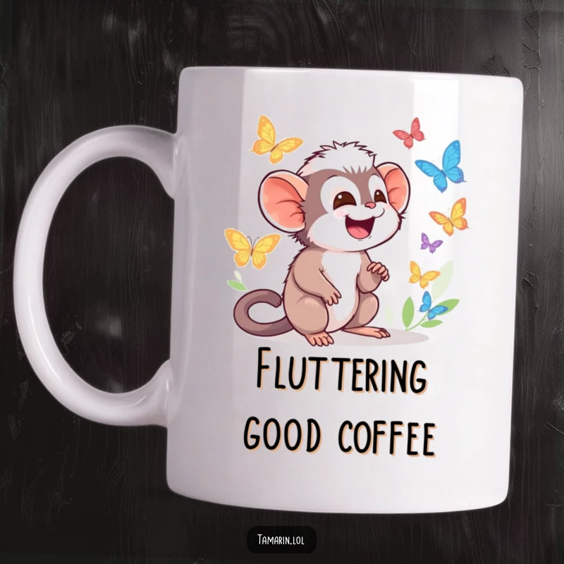 Funny Tamarin Mug with character giggling while watching colorful butterflies flutter by, experiencing delight.