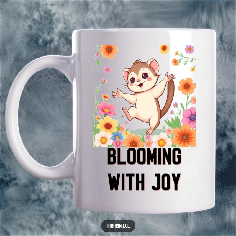 Funny Cartwheeling Tamarin Mug: A joyful monkey with rosy cheeks doing a cartwheel in a field of colorful flowers, bringing energy to your coffee.