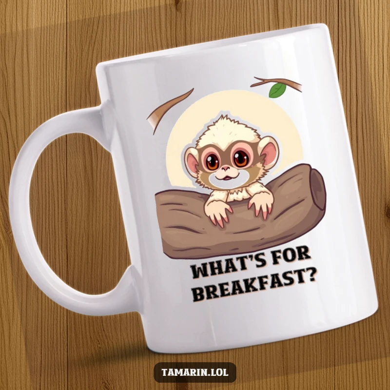 Funny mug with a curious tamarin monkey poking its head out from a log, exuding playful mischief and adorable inquisitiveness.