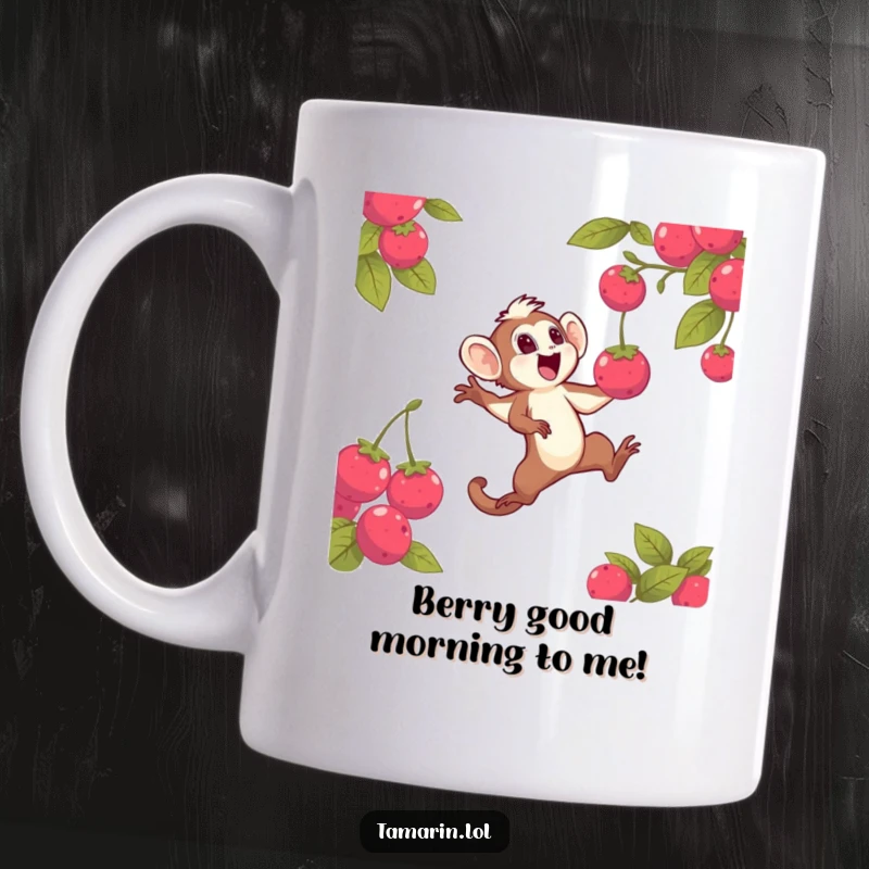 Funny mug showcasing a hyperactive tamarin character leaping with pure joy to catch a glowing, falling berry, highlighting its playful and determined nature.