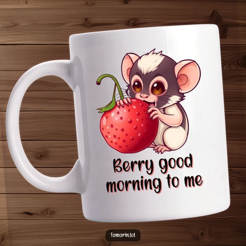 Funny tamarin mug: a delighted monkey with big eyes happily chomping on a comically oversized, juicy berry, perfect for humor lovers.