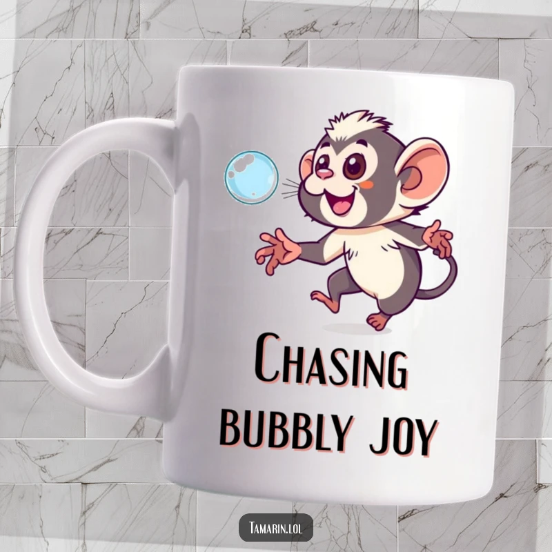 Funny tamarin mug showing a playful monkey gleefully chasing a large, sparkling, floating bubble with excitement.
