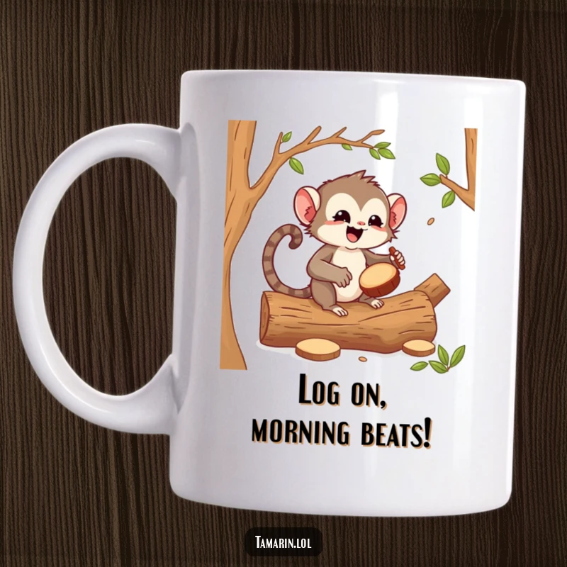 Funny tamarin drummer mug, a happy primate enthusiastically banging on hollow logs with drumsticks, full of energy and joy.