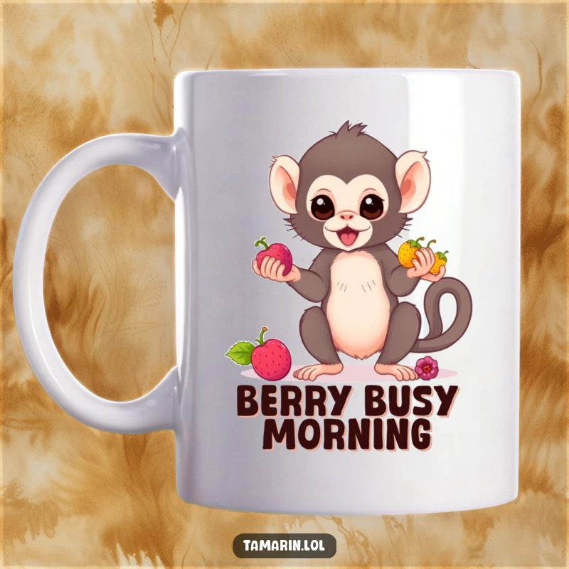 Funny tamarin monkey mug showing a cute primate skillfully juggling three small, colorful berries with a playful expression.