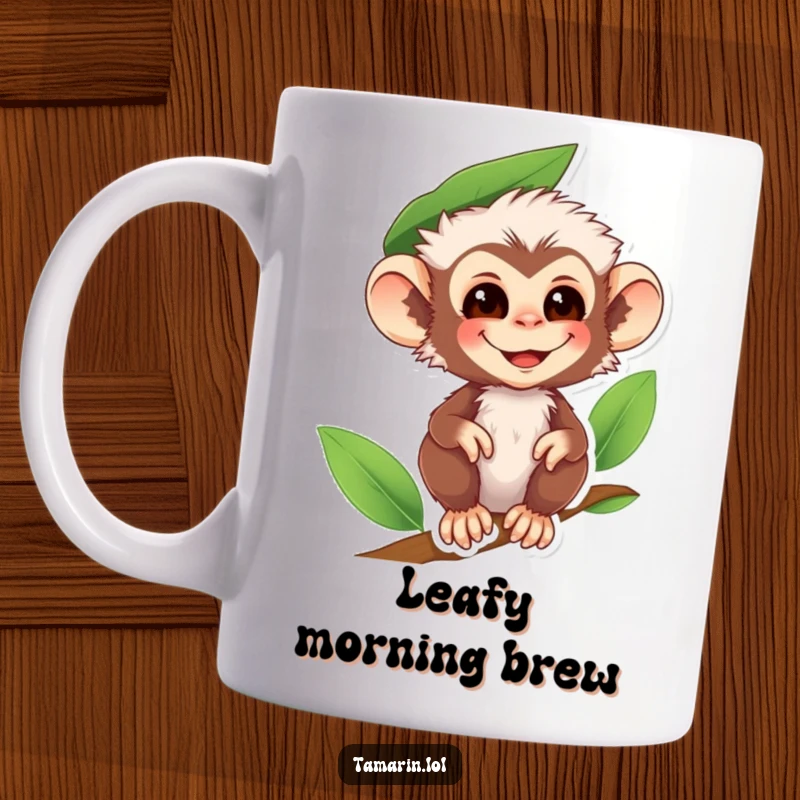Funny tamarin monkey mug featuring a smiling primate wearing a green leaf as a hat, looking cheerful and resourceful.