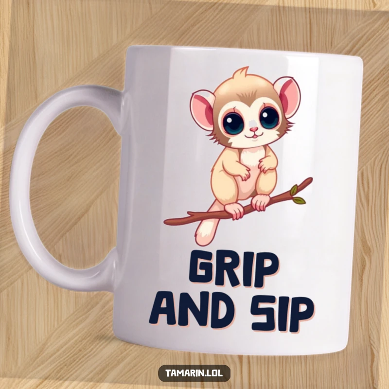 Funny Mug: A tamarin is shown perfectly balancing on a very thin twig, showcasing incredible agility, a perfect funny gift.