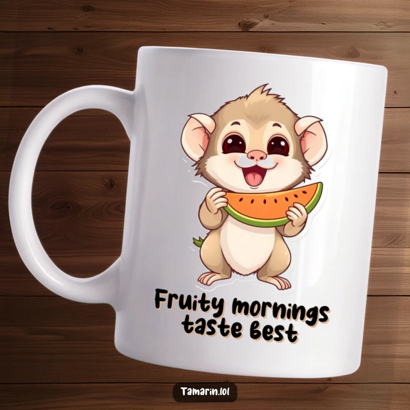 Funny Mug featuring a tamarin character excitedly holding a large, juicy piece of fruit, expressing pure fruity joy.
