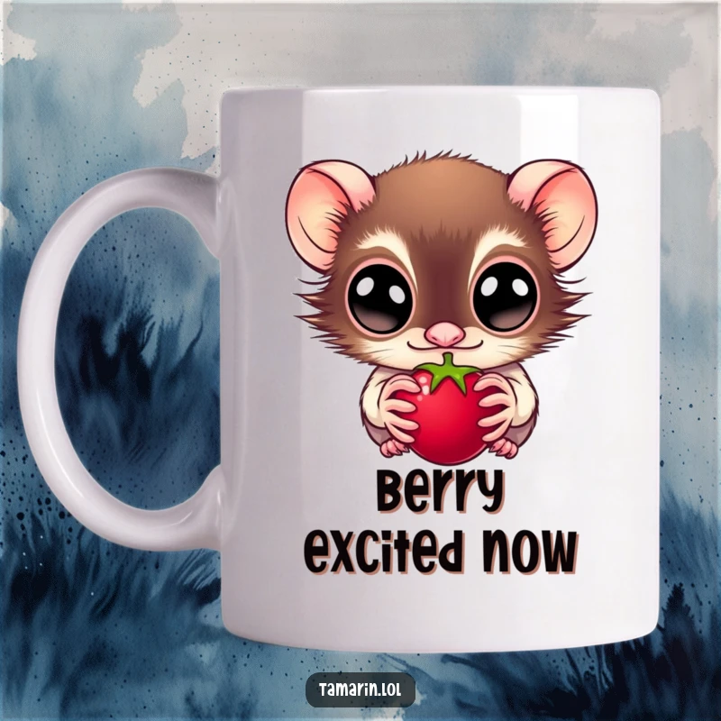 Funny mug featuring a wide-eyed tamarin staring intently at a juicy berry, full of curiosity and desire, a perfect funny gift for animal lovers.