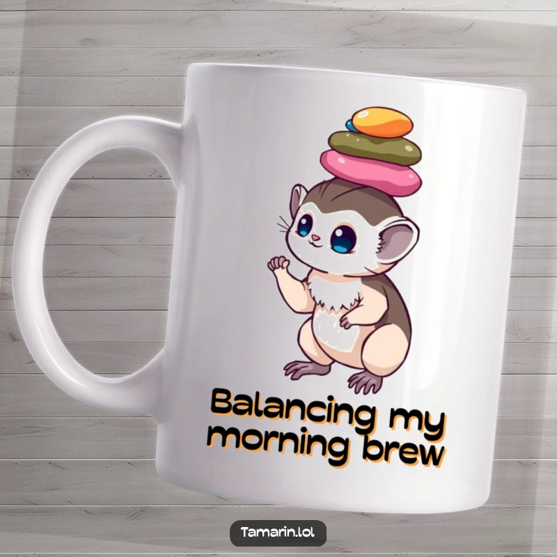 Funny tamarin mug: a skilled monkey with a concentrated look balancing a tall, colorful stack of shiny pebbles perfectly on its head.