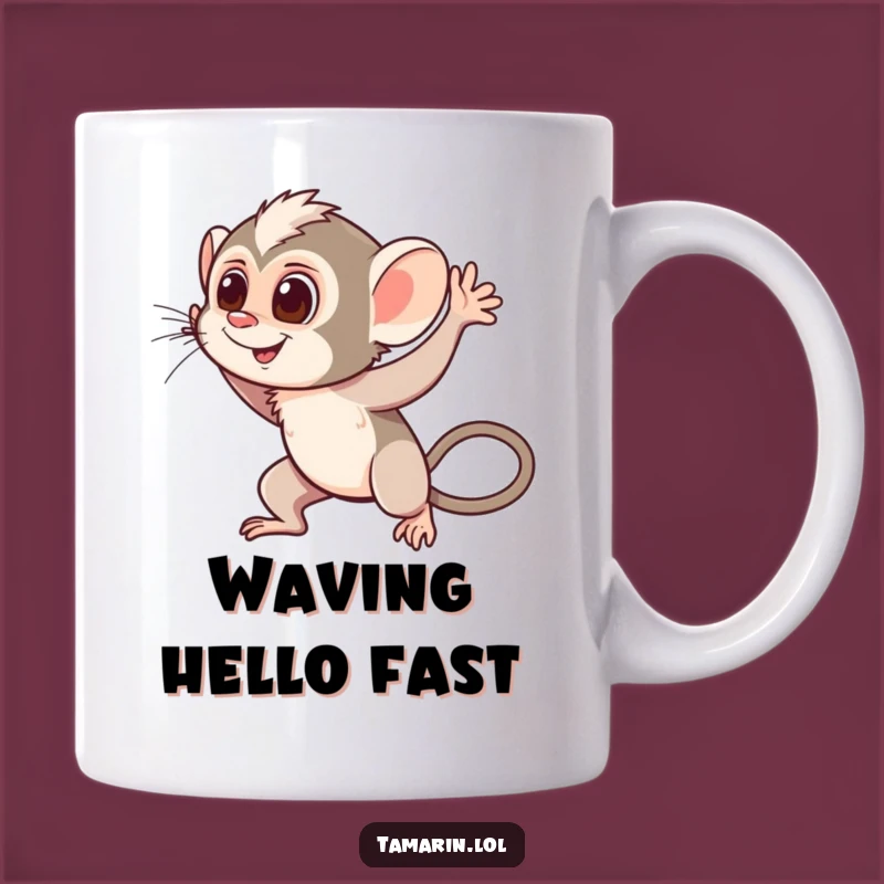 Funny Waving Tamarin Mug: Cheerful Monkey Coffee Cup, Friendly Hello, Perfect Funny Gift