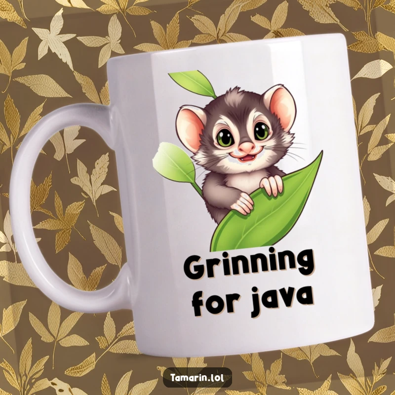 Funny Mug: A tamarin with a mischievous grin peeks out from behind a large green leaf, looking playful, a perfect funny gift.