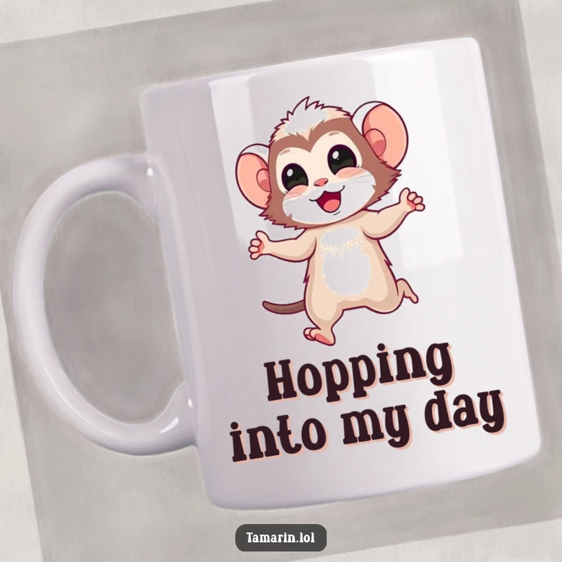 Funny tamarin mug featuring a cheerful tamarin character doing a happy little skip, radiating pure joy and playful energy.