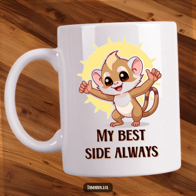 Funny tamarin mug featuring a happy monkey in a triumphant pose against a bright, sunny background, radiating joy and success.