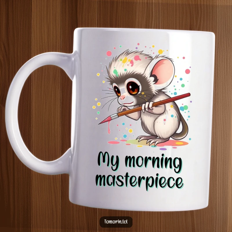 Funny tamarin mug, showing a tamarin actively splattering colorful paint with a tiny brush, embodying a passionate and artistic spirit.