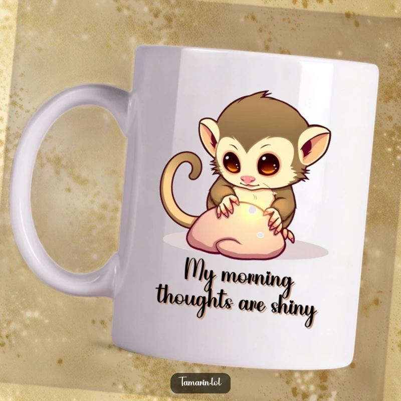 Funny mug featuring a curious tamarin intently examining a shiny, smooth pebble, showcasing its playful and inquisitive nature.