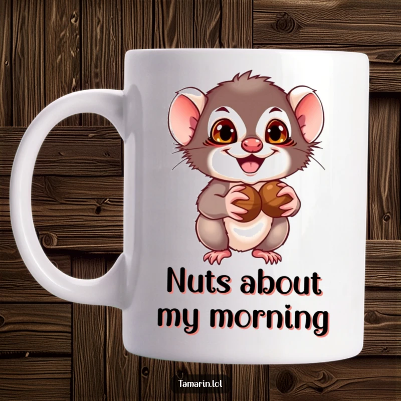 Funny Tamarin Mug: Mischievous tamarin with a grin holds two nuts, embodying playful naughtiness.