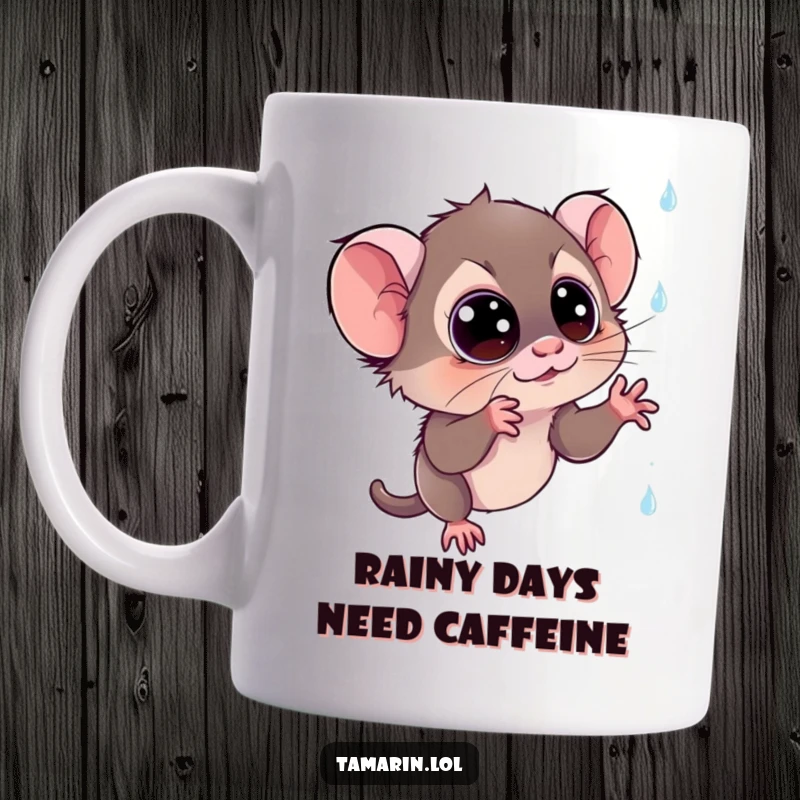 Funny tamarin mug: a surprised monkey with large eyes looking up, trying to catch shimmering, sparkling raindrops falling from the sky.