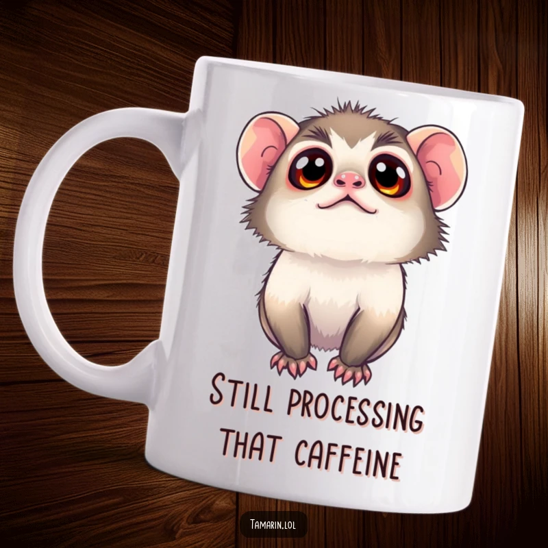 Funny tamarin mug featuring a curious monkey with big, wide eyes looking upwards, evoking wonder and a touch of playful mischief.
