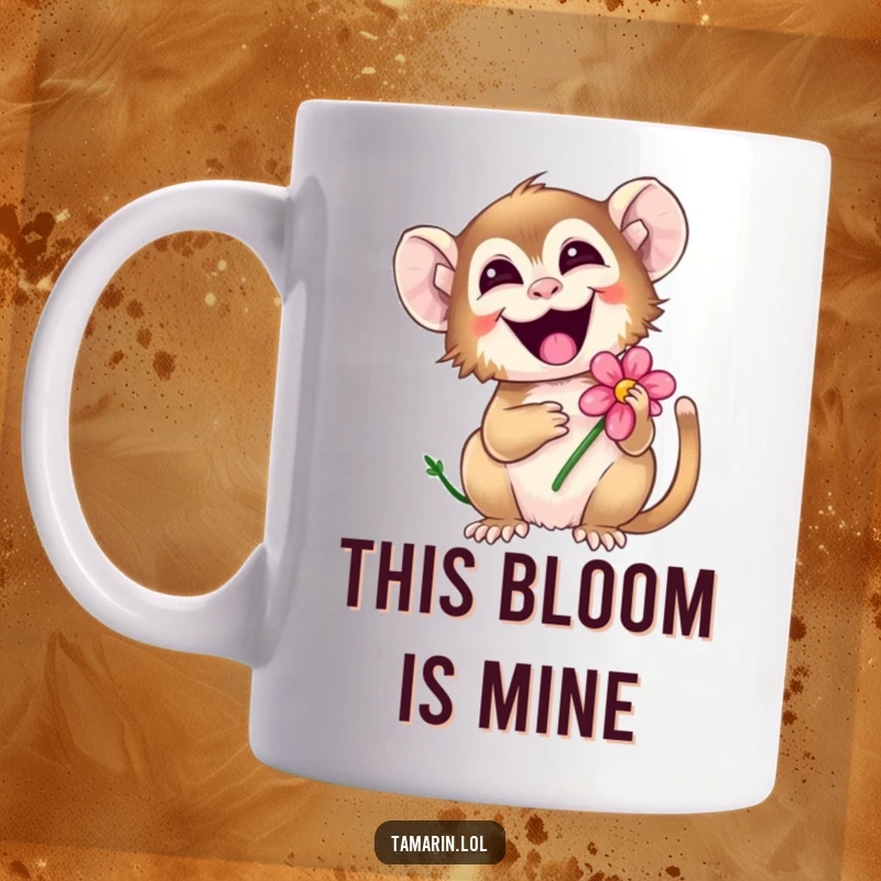 Funny tamarin mug featuring a happy monkey giggling while holding a delicate flower, radiating pure joy and amusement.