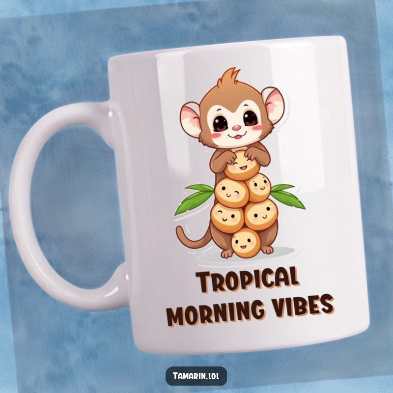 Funny Tamarin Coconut Balance Mug showing a tamarin monkey skillfully balancing a stack of tiny, smiling coconuts.