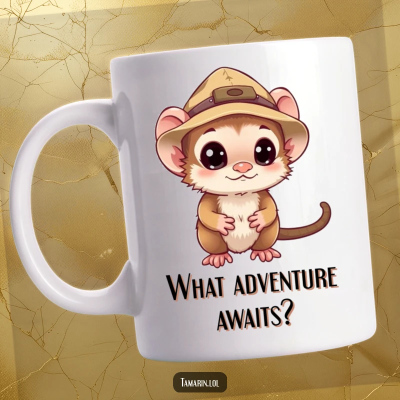Funny explorer tamarin mug wearing a tiny hat, looking around curiously, embodying a humorous spirit of adventure and discovery.