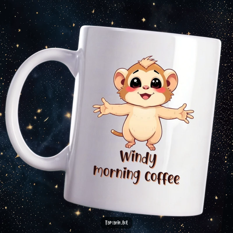 Funny Tamarin Mug with character embracing the gentle, smiling breeze with arms wide open, feeling joy.