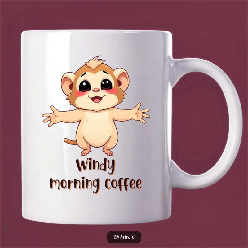 Funny Tamarin Breeze Hug Mug - Joyful Character Embracing Wind, Great Gift