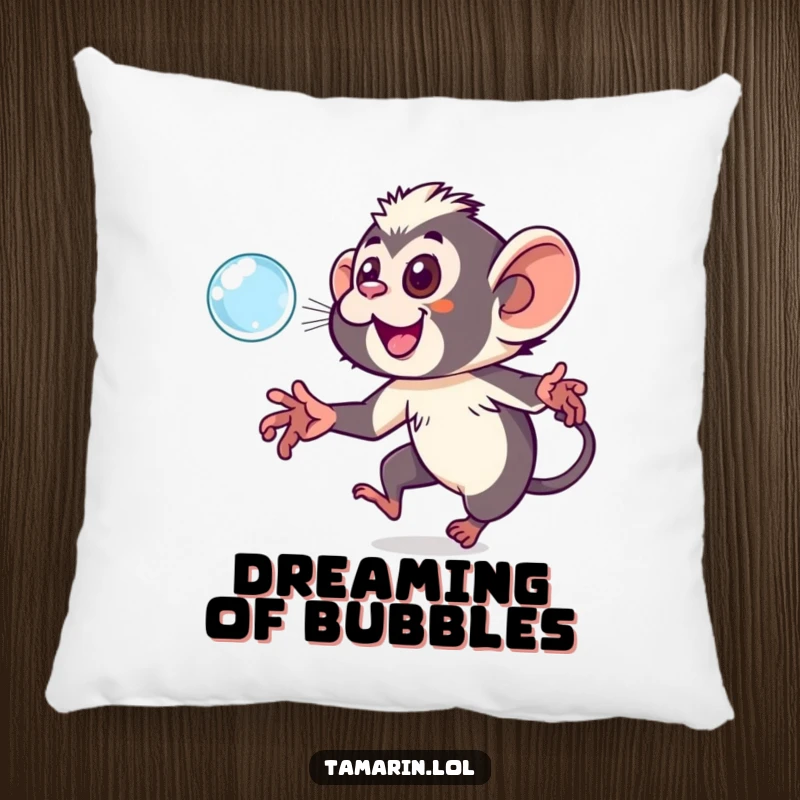 Funny tamarin pillow with a playful monkey chasing a sparkling bubble, adding comfort and a touch of whimsy.