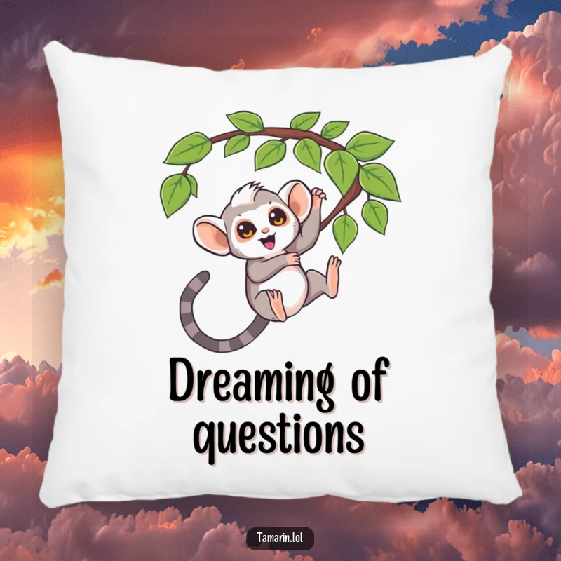 Funny pillow, tamarin swinging from a question mark vine, curious monkey decor, playful and soft, perfect funny gift.