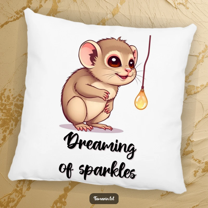 Funny pillow showcasing a tamarin batting playfully at a dangling, sparkling object, offering comfort and humorous decor.