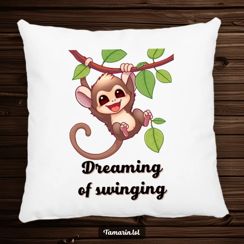 Funny tamarin monkey joyfully swinging from a vine, depicted on a soft, decorative pillow.